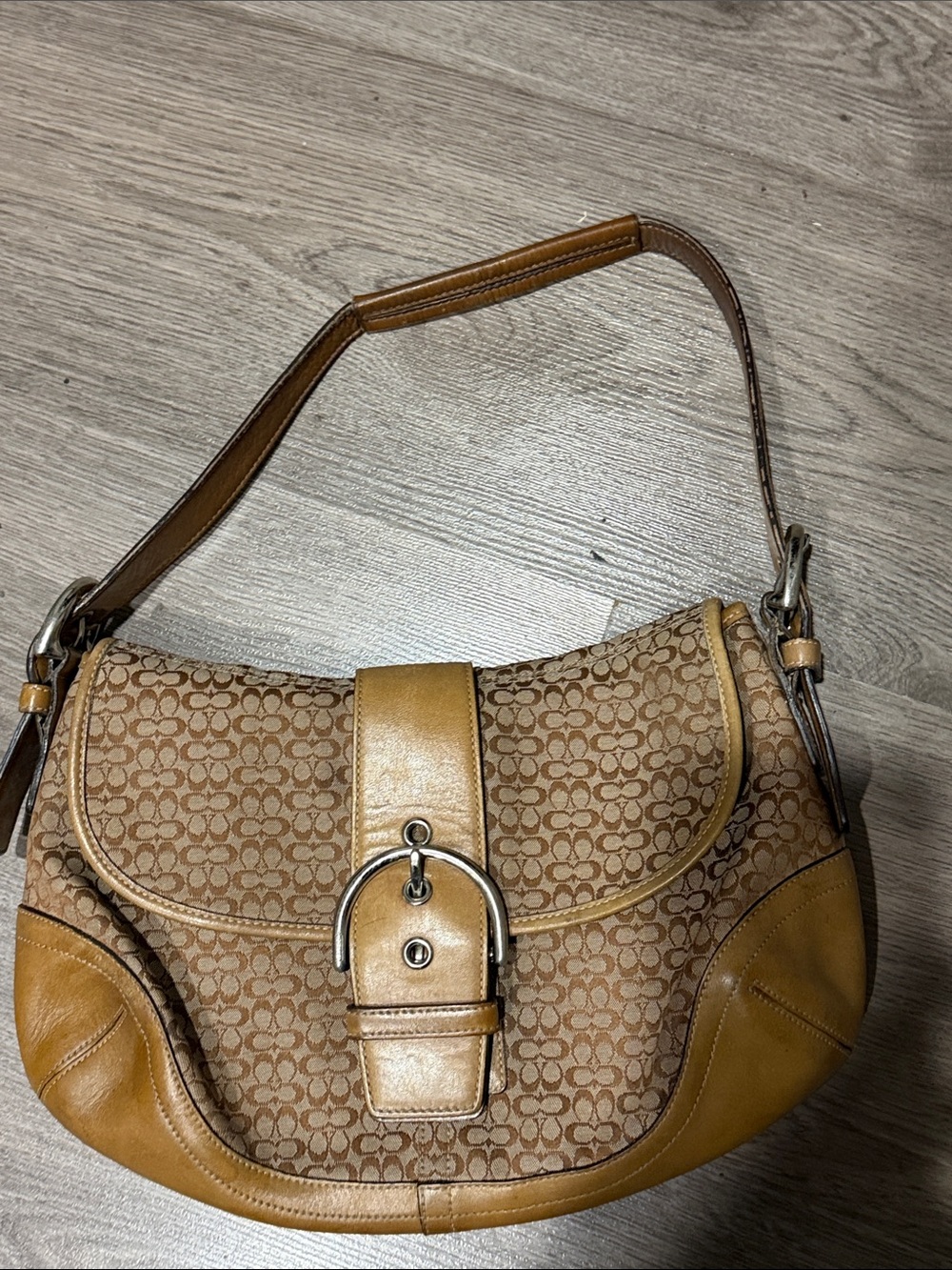 Coach Tan Signature Canvas Saddle Shoulder Bag with Buckle